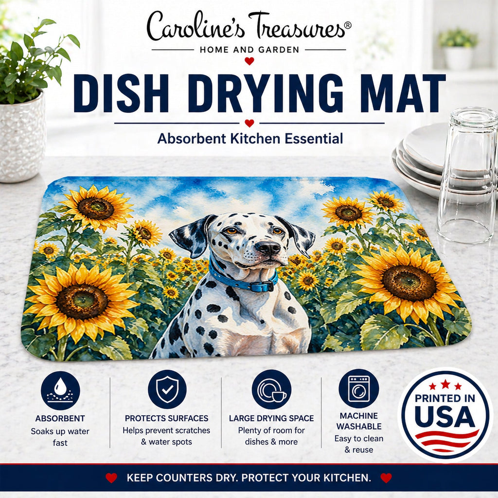 Dalmatian in Sunflowers Dish Drying Mat Absorbent Dish Drying Mat Pad for Kitchen Counter Dish Drainer Mat for Countertop, 14 x 21", Multicolor