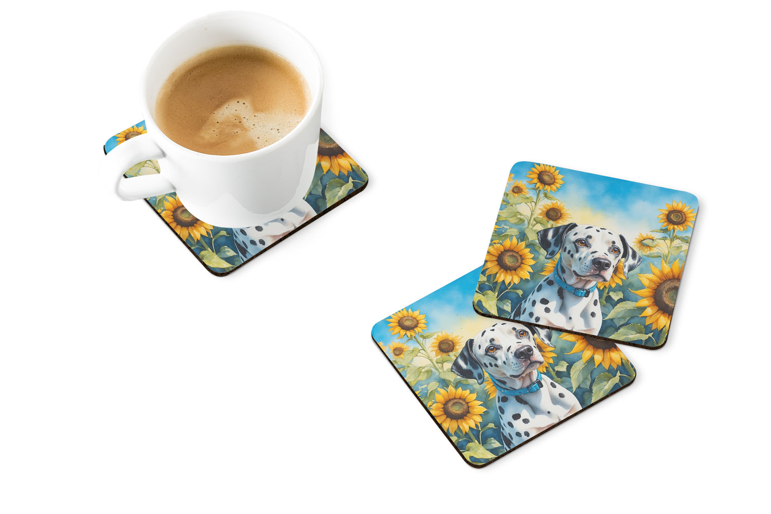 Dalmatian in Sunflowers Foam Coasters Set of 4 Cup Coasters for Indoor Outdoor, Tabletop Protection, Anti Slip, Mouse pad Material