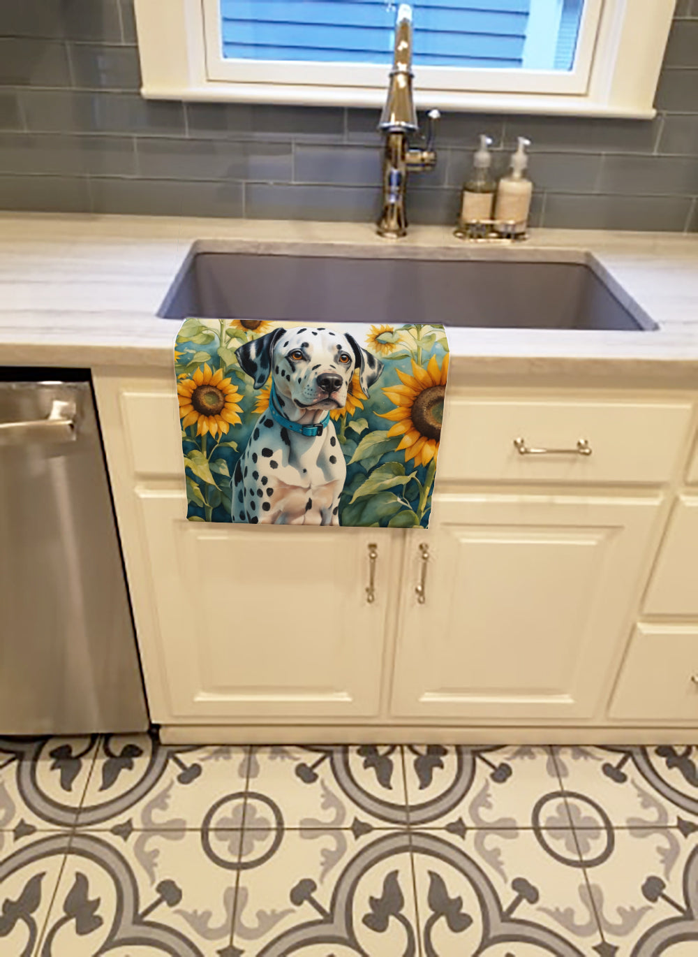 Dalmatian in Sunflowers Kitchen Towel Velour Plush Front and Cotton Loop Back Machine Washable