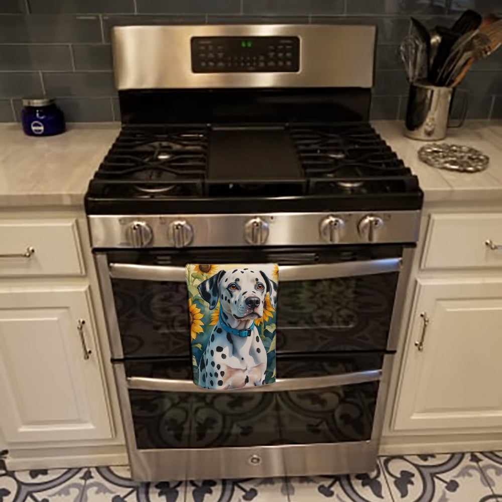 Dalmatian in Sunflowers Kitchen Towel Velour Plush Front and Cotton Loop Back Machine Washable