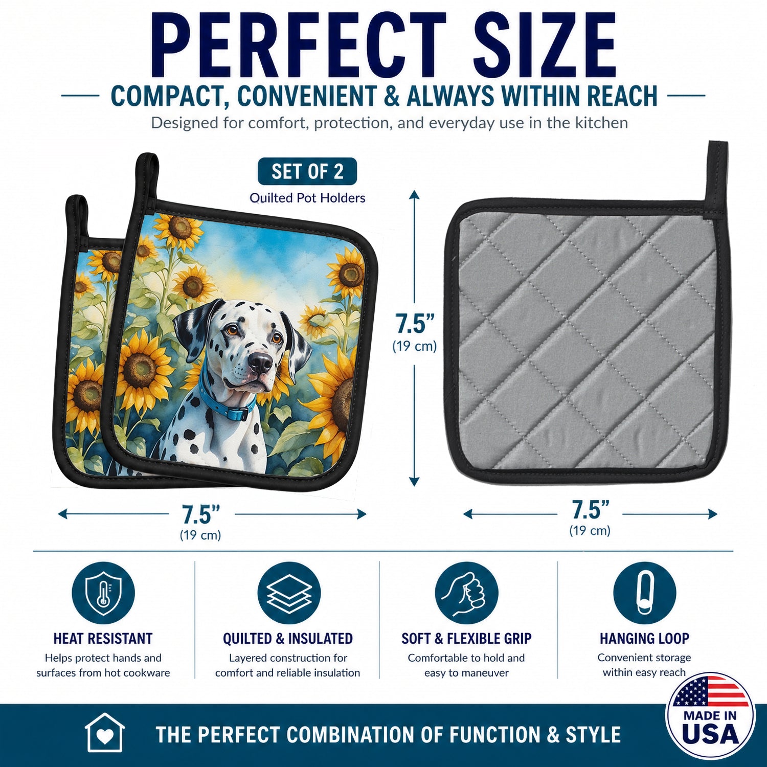 Dalmatian in Sunflowers Pot Holder Set of 2 Heat Resistant Quilted Hot Pads 7.5 x 7.5 Inch, Insulated Kitchen Trivets for Cooking & Baking