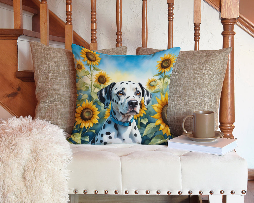 Dalmatian in Sunflowers Decorative Throw Pillow 14x14 Indoor Outdoor Accent Cushion, Fabric Cover with Insert for Sofa, Bed, Porch & Living Room