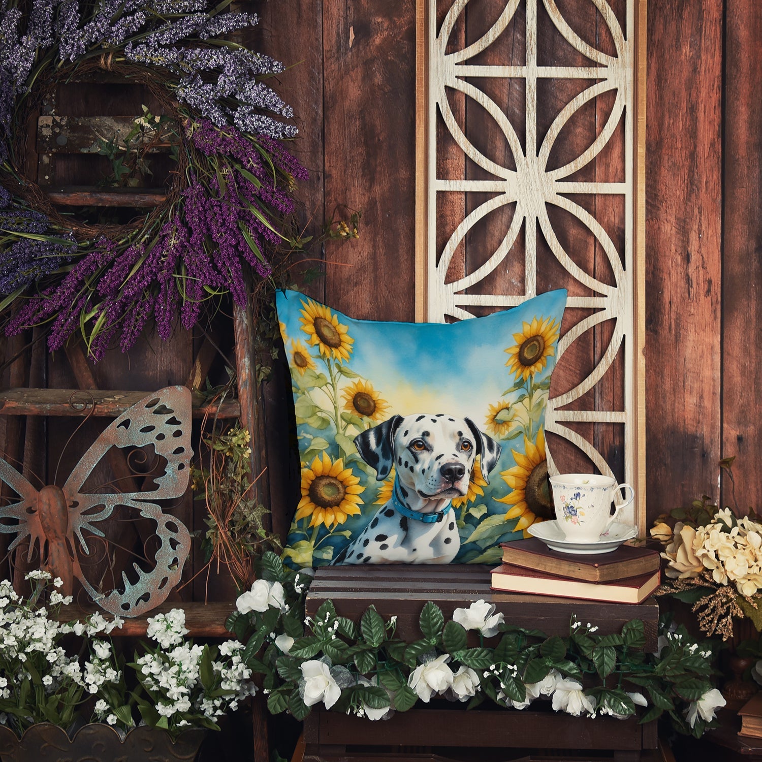 Dalmatian in Sunflowers Decorative Throw Pillow 18x18 Indoor Outdoor Accent Cushion, Fabric Cover with Insert for Sofa, Bed, Porch & Living Room