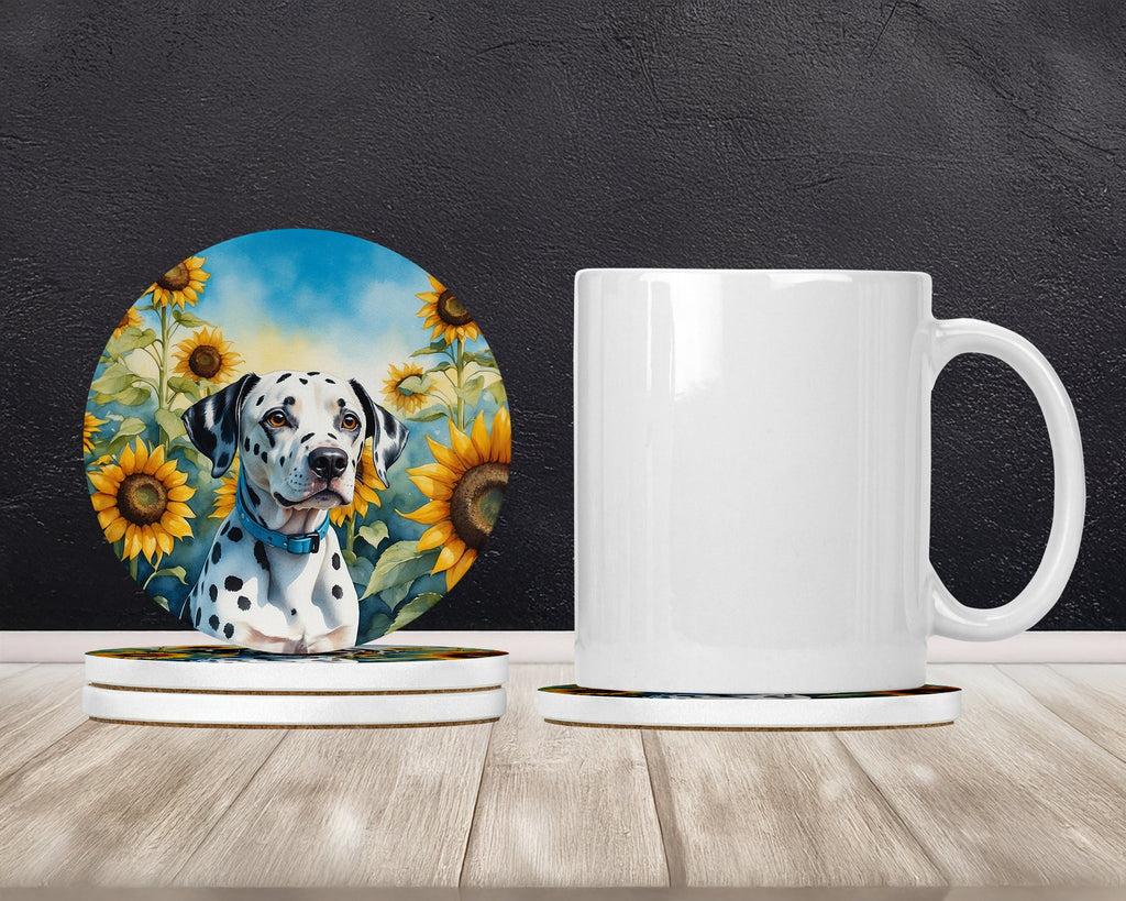 Dalmatian in Sunflowers Large Sandstone Coasters Pack of 4 Absorbent Round Coasters Decor Gifts for Men or Women, 4 in, Multicolor