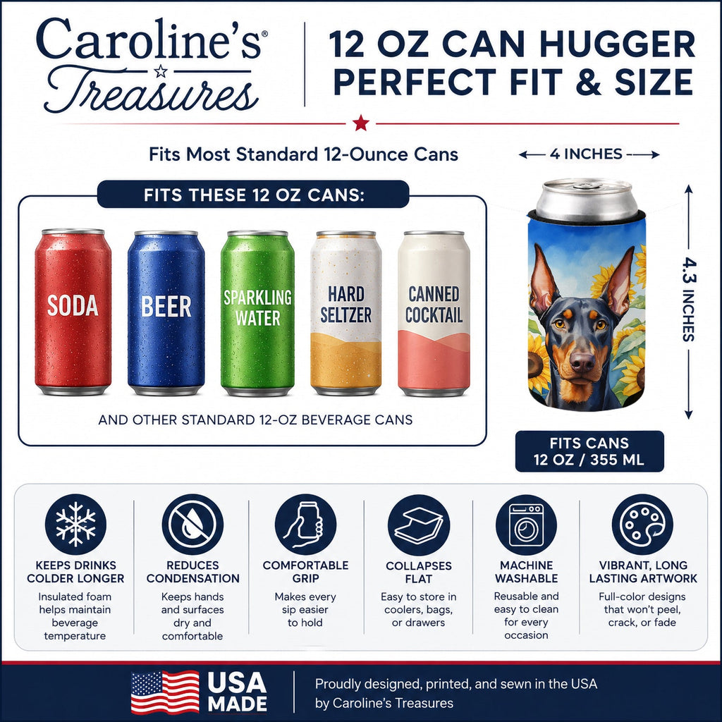 Doberman Pinscher in Sunflowers Can or Bottle Hugger Cooler Sleeve for Standard 12 oz Cans, Insulated Foam Beer & Soda Can Hugger Reusable
