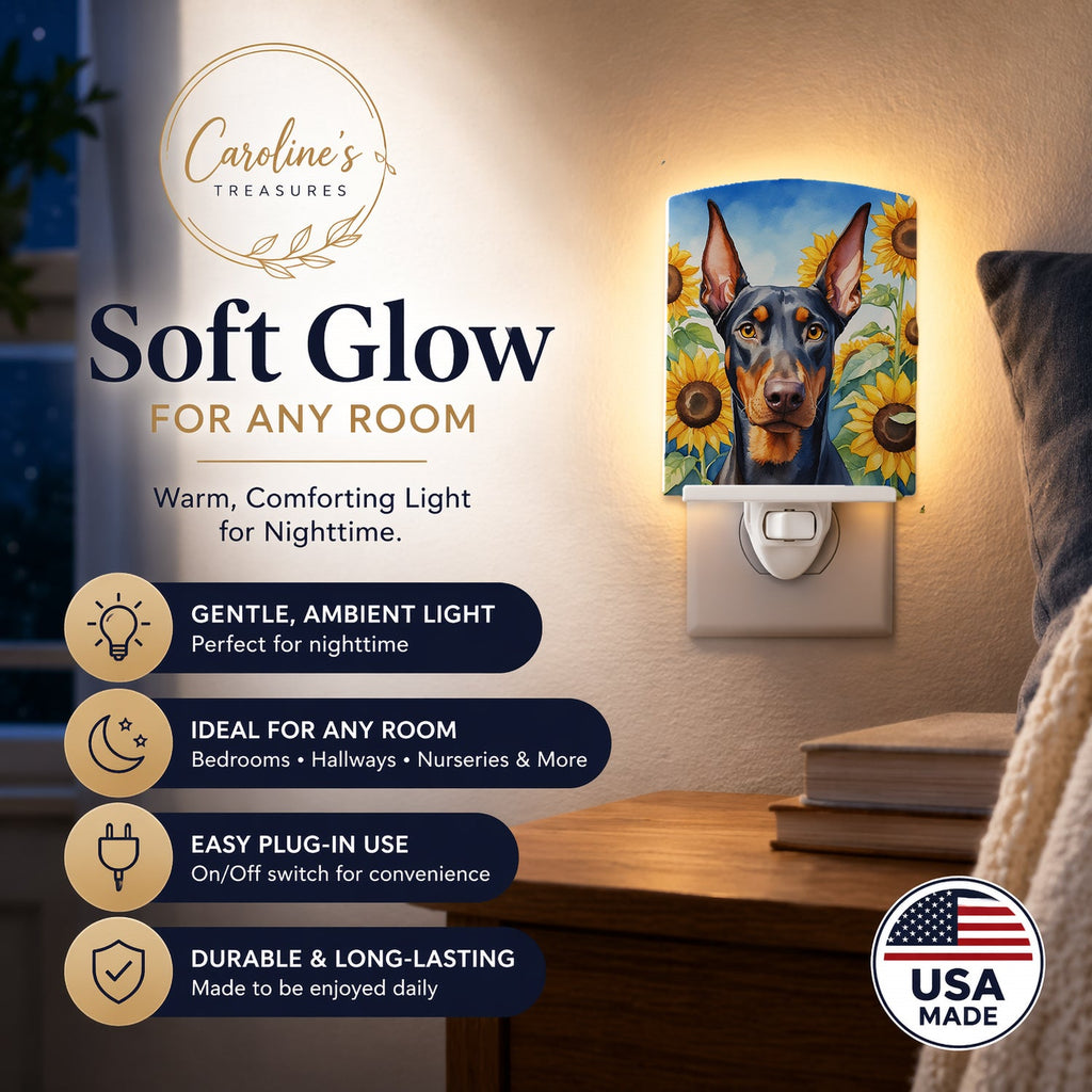 Doberman Pinscher in Sunflowers Ceramic Night Light Compact, UL-Certified, Ideal for Bedroom, Bathroom, Nursery, Hallway, Kitchen, 6x4x3, Multicolor