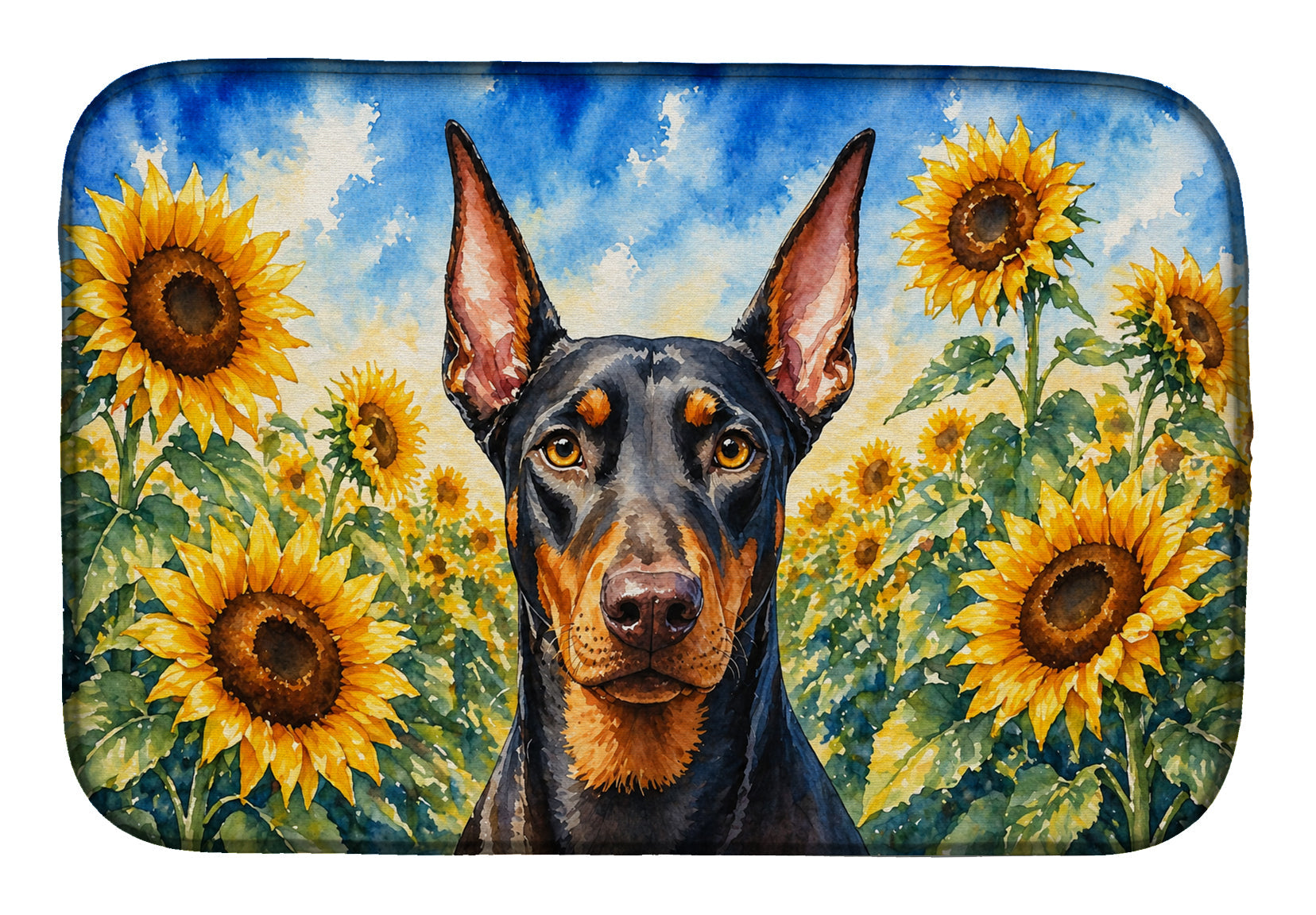 Doberman Pinscher in Sunflowers Dish Drying Mat Absorbent Dish Drying Mat Pad for Kitchen Counter Dish Drainer Mat for Countertop, 14 x 21", Multicolor