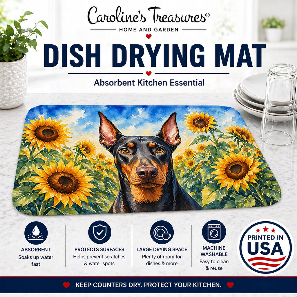 Doberman Pinscher in Sunflowers Dish Drying Mat Absorbent Dish Drying Mat Pad for Kitchen Counter Dish Drainer Mat for Countertop, 14 x 21", Multicolor