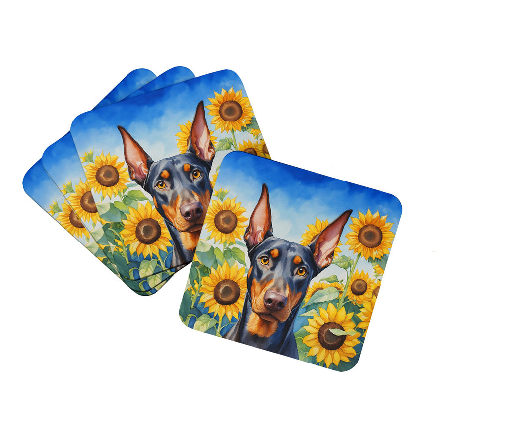 Doberman Pinscher in Sunflowers Foam Coasters Set of 4 Cup Coasters for Indoor Outdoor, Tabletop Protection, Anti Slip, Mouse pad Material