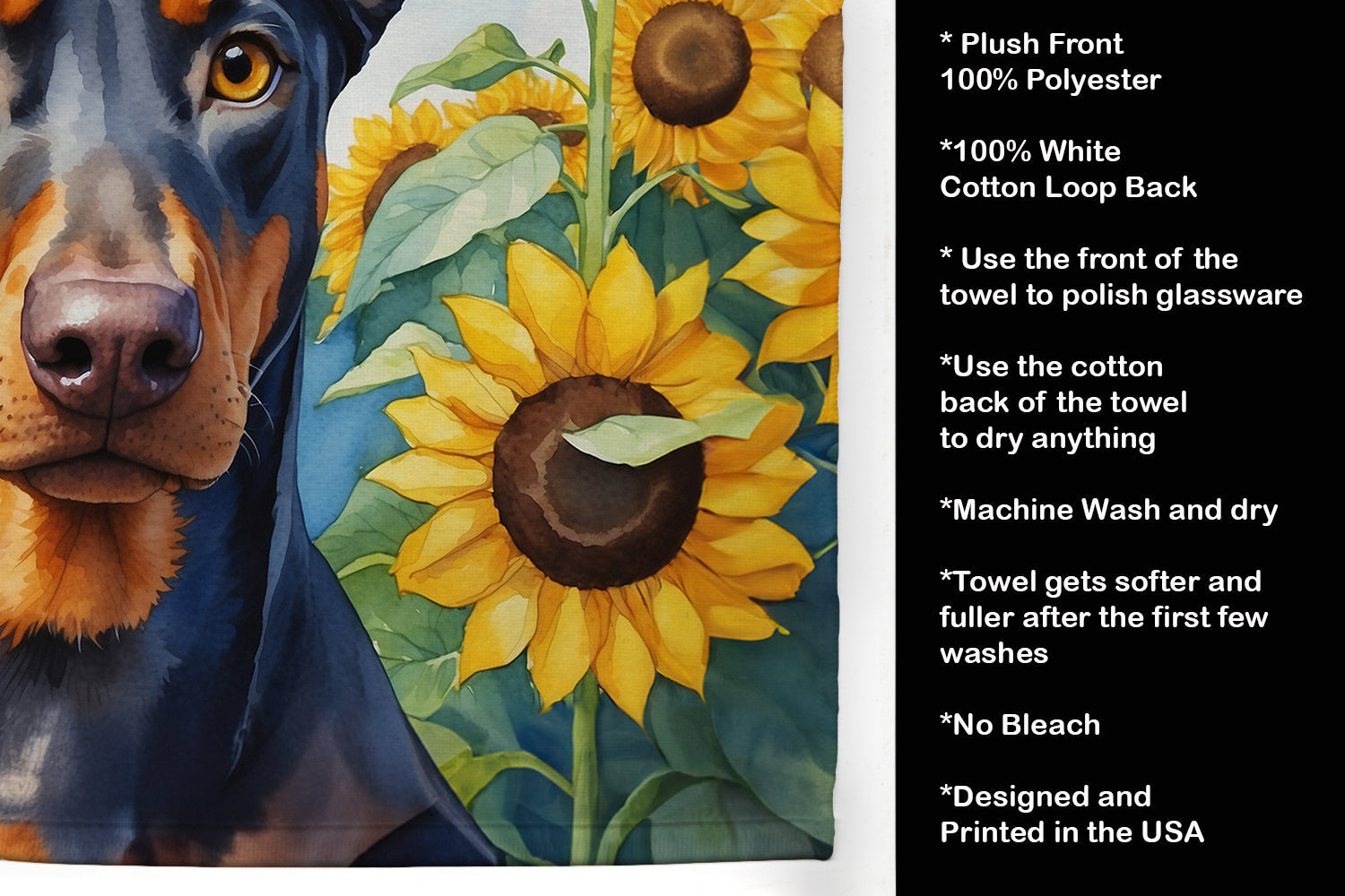 Doberman Pinscher in Sunflowers Kitchen Towel Velour Plush Front and Cotton Loop Back Machine Washable