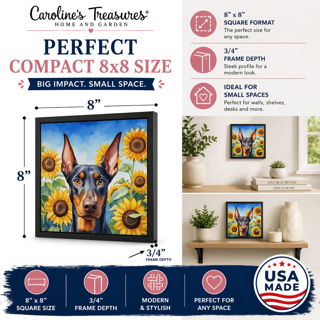 Doberman Pinscher in Sunflowers Framed Metal Print Bathroom, Kitchen, Office, Home Decor Wall Art Ready to Hang, Square, 8X8