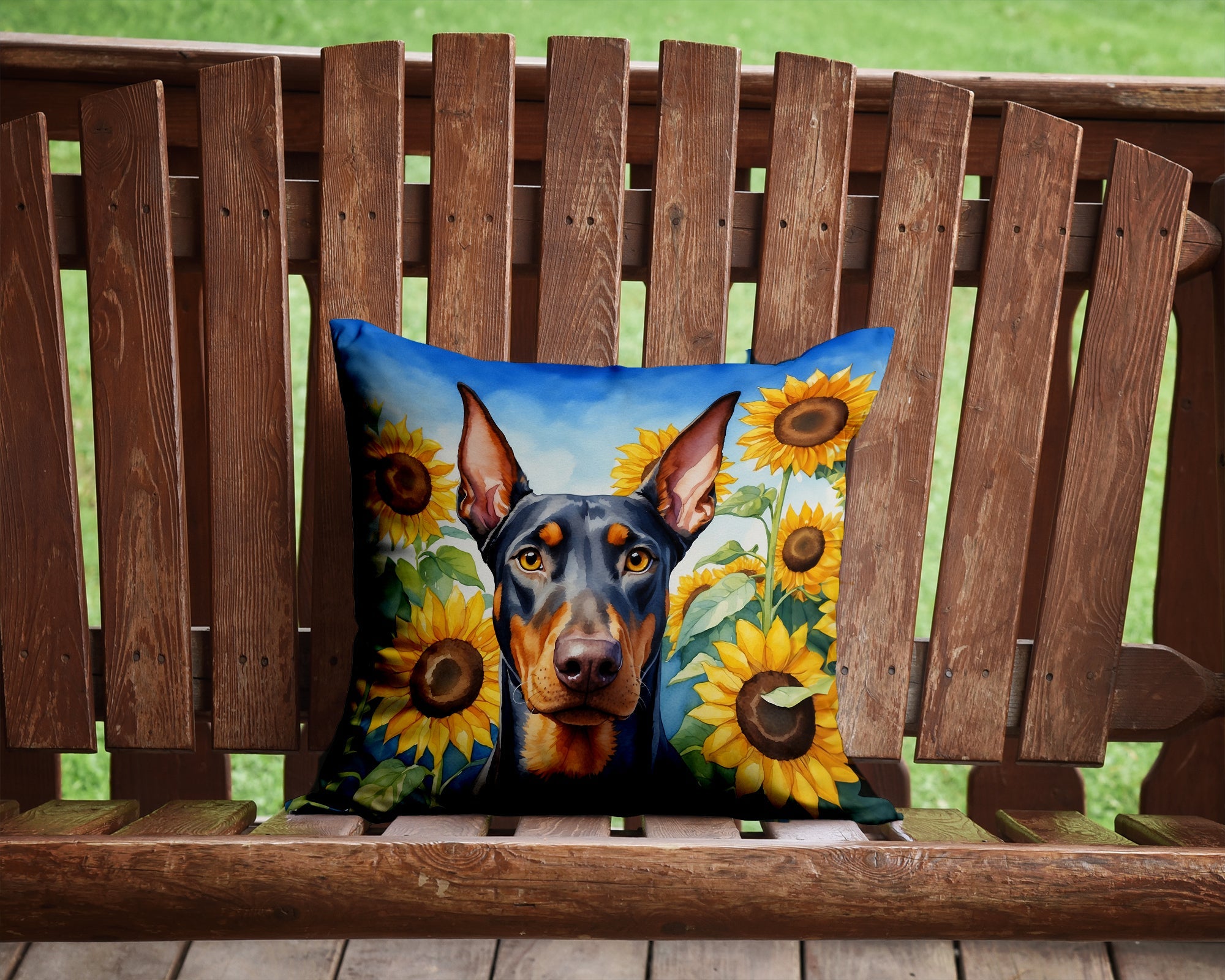 Doberman Pinscher in Sunflowers Decorative Throw Pillow 14x14 Indoor Outdoor Accent Cushion, Fabric Cover with Insert for Sofa, Bed, Porch & Living Room
