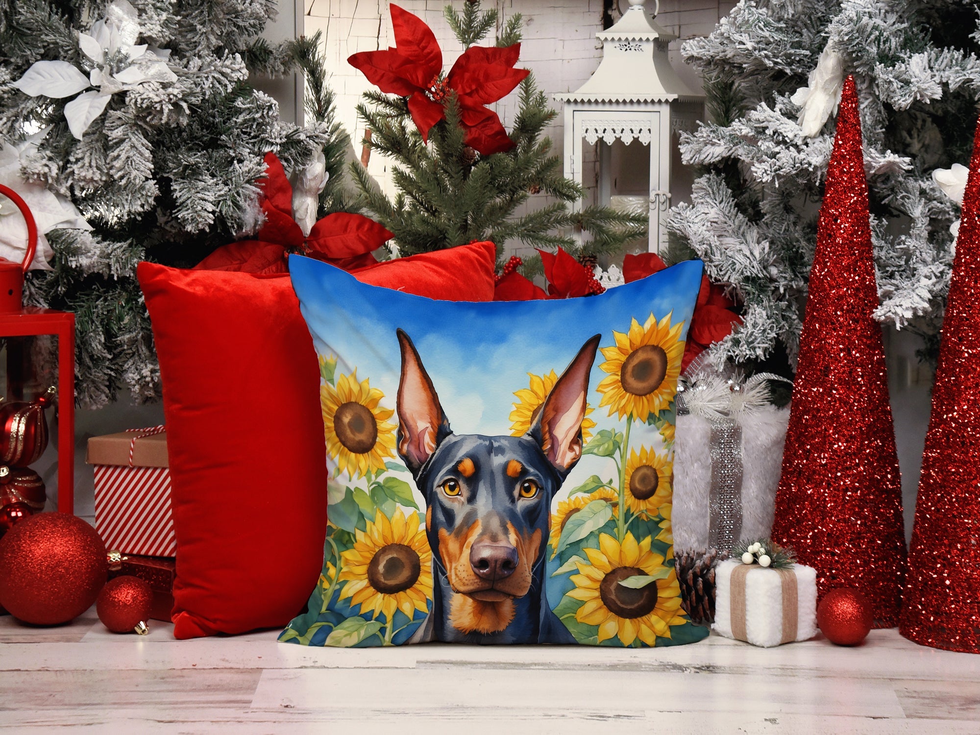 Doberman Pinscher in Sunflowers Decorative Throw Pillow 14x14 Indoor Outdoor Accent Cushion, Fabric Cover with Insert for Sofa, Bed, Porch & Living Room