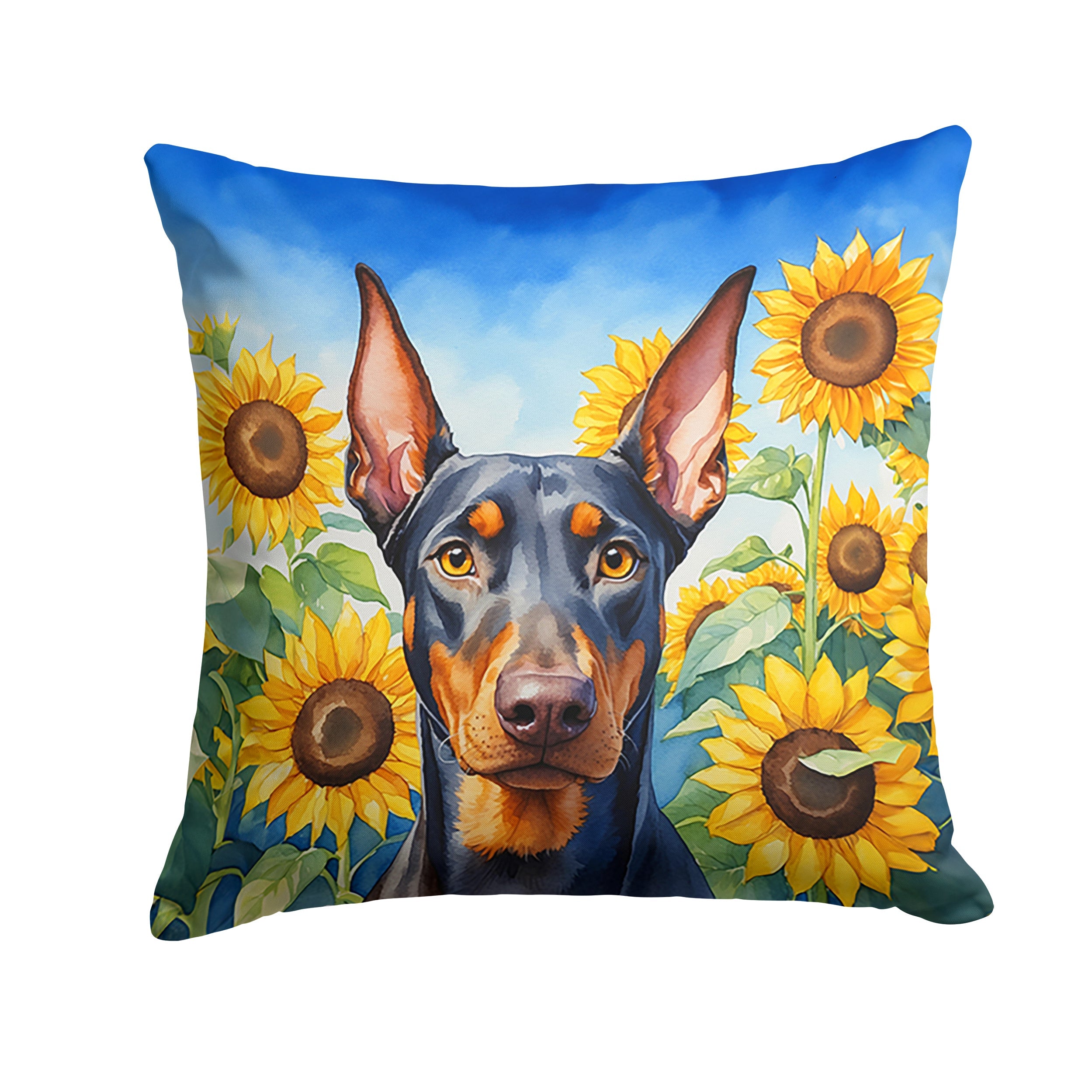 Doberman Pinscher in Sunflowers Decorative Throw Pillow 18x18 Indoor Outdoor Accent Cushion, Fabric Cover with Insert for Sofa, Bed, Porch & Living Room
