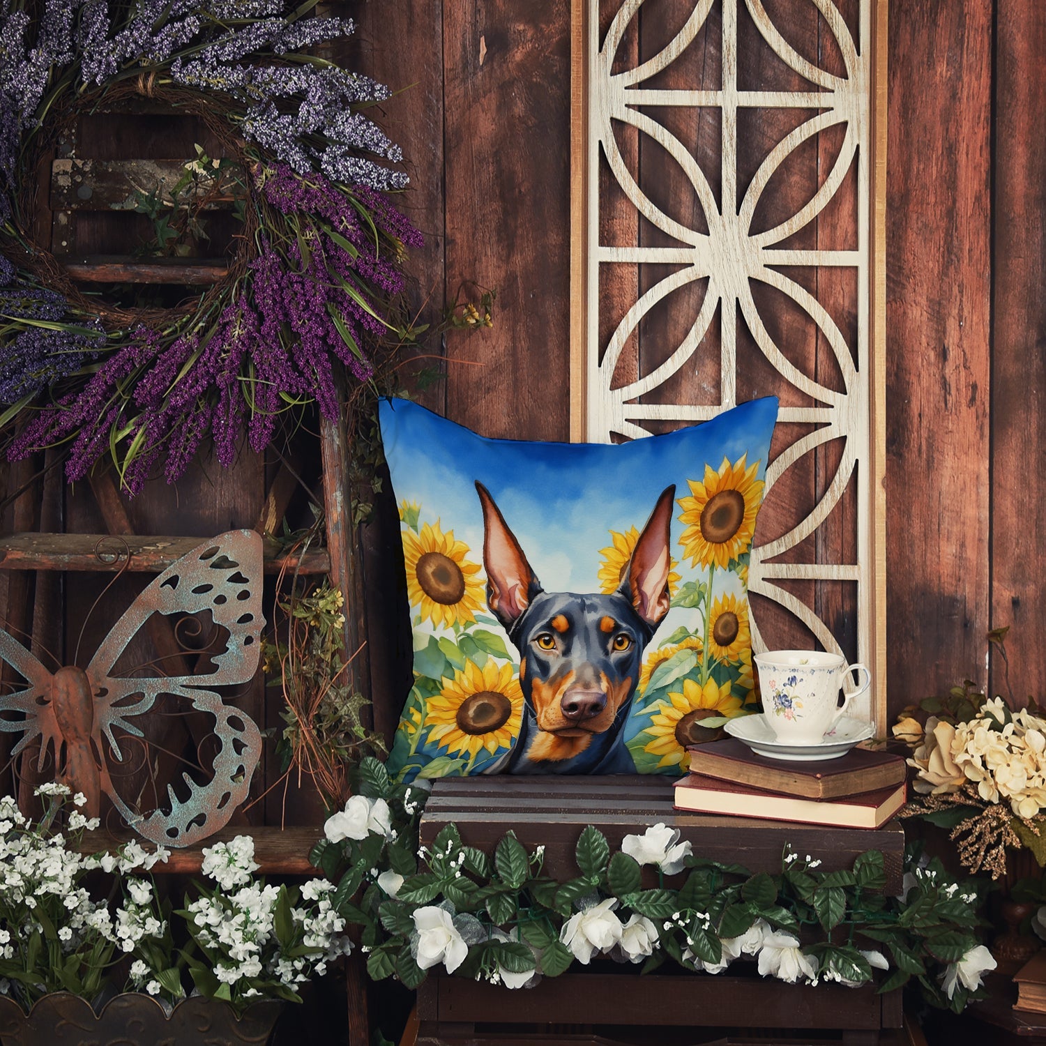 Doberman Pinscher in Sunflowers Decorative Throw Pillow 18x18 Indoor Outdoor Accent Cushion, Fabric Cover with Insert for Sofa, Bed, Porch & Living Room