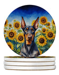 Doberman Pinscher in Sunflowers Large Sandstone Coasters Pack of 4 Absorbent Round Coasters Decor Gifts for Men or Women, 4 in, Multicolor