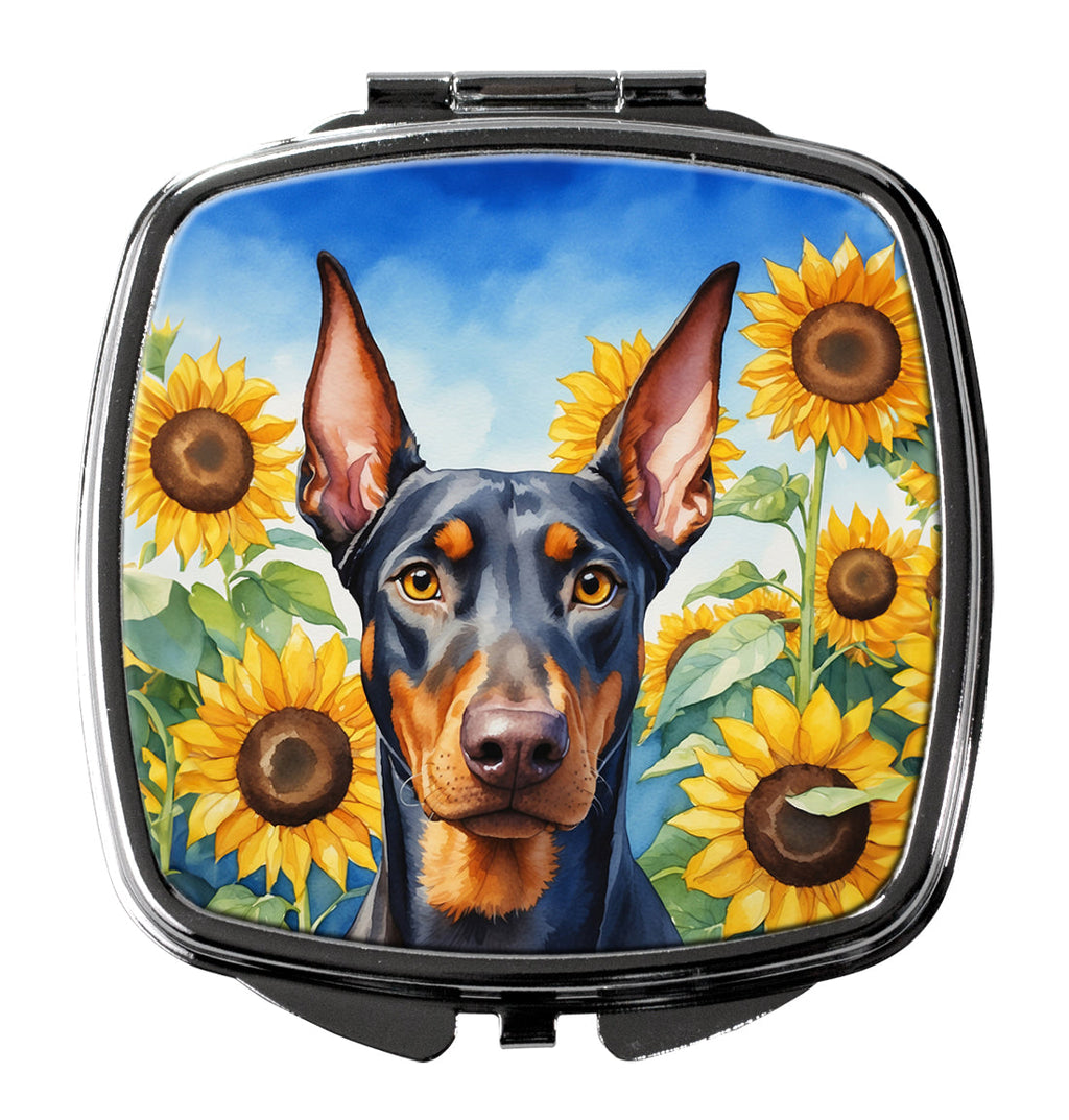 Doberman Pinscher in Sunflowers Compact Mirror Decorative Travel Makeup Mirror for Women Girls Gifts Pocket Makeup Mirror Folding Handheld