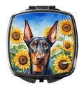 Doberman Pinscher in Sunflowers Compact Mirror Decorative Travel Makeup Mirror for Women Girls Gifts Pocket Makeup Mirror Folding Handheld