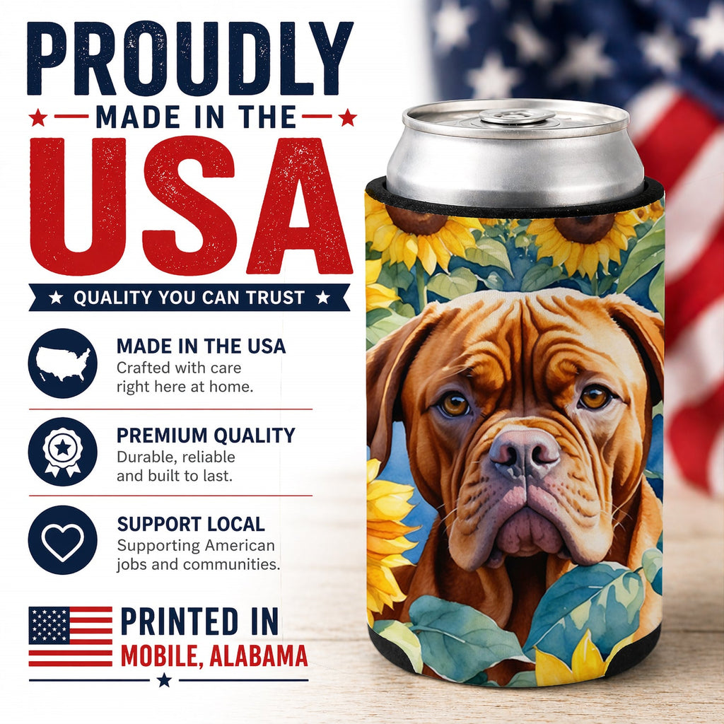 Dogue de Bordeaux in Sunflowers Can or Bottle Hugger Cooler Sleeve for Standard 12 oz Cans, Insulated Foam Beer & Soda Can Hugger Reusable