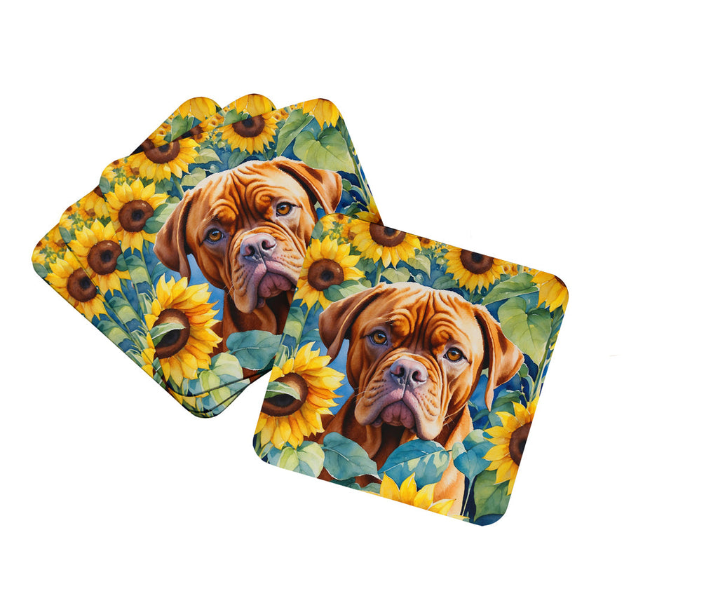 Dogue de Bordeaux in Sunflowers Foam Coasters Set of 4 Cup Coasters for Indoor Outdoor, Tabletop Protection, Anti Slip, Mouse pad Material