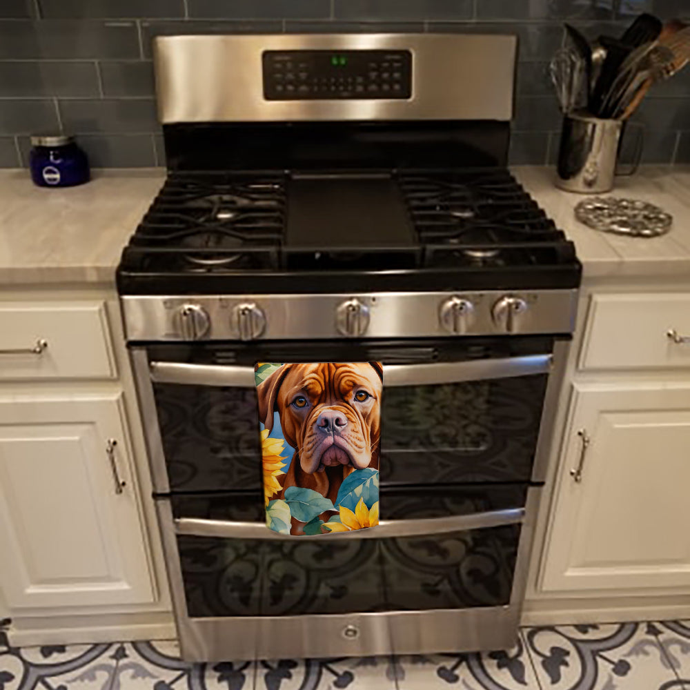 Dogue de Bordeaux in Sunflowers Kitchen Towel Velour Plush Front and Cotton Loop Back Machine Washable