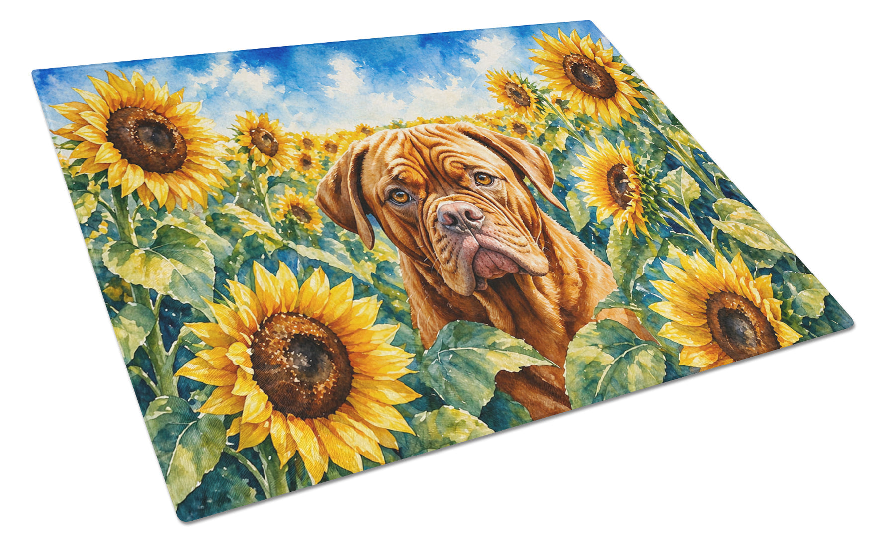Dogue de Bordeaux in Sunflowers Cutting Board Tempered Glass Kitchen Cutting Surface, Heat Resistant Chopping Board with Non-Slip Feet, Decorative Food Prep & Serving