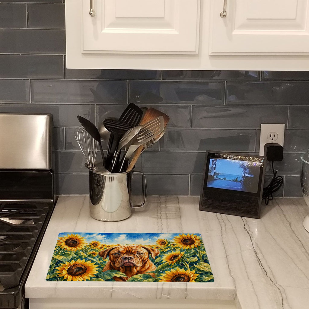 Dogue de Bordeaux in Sunflowers Cutting Board Tempered Glass Kitchen Cutting Surface, Heat Resistant Chopping Board with Non-Slip Feet, Decorative Food Prep & Serving