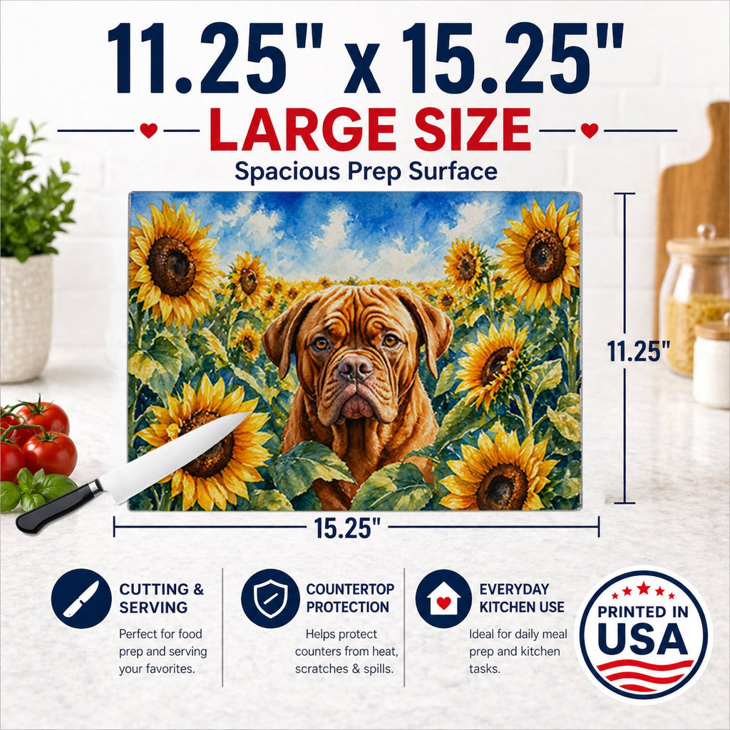 Dogue de Bordeaux in Sunflowers Cutting Board Tempered Glass Kitchen Cutting Surface, Heat Resistant Chopping Board with Non-Slip Feet, Decorative Food Prep & Serving