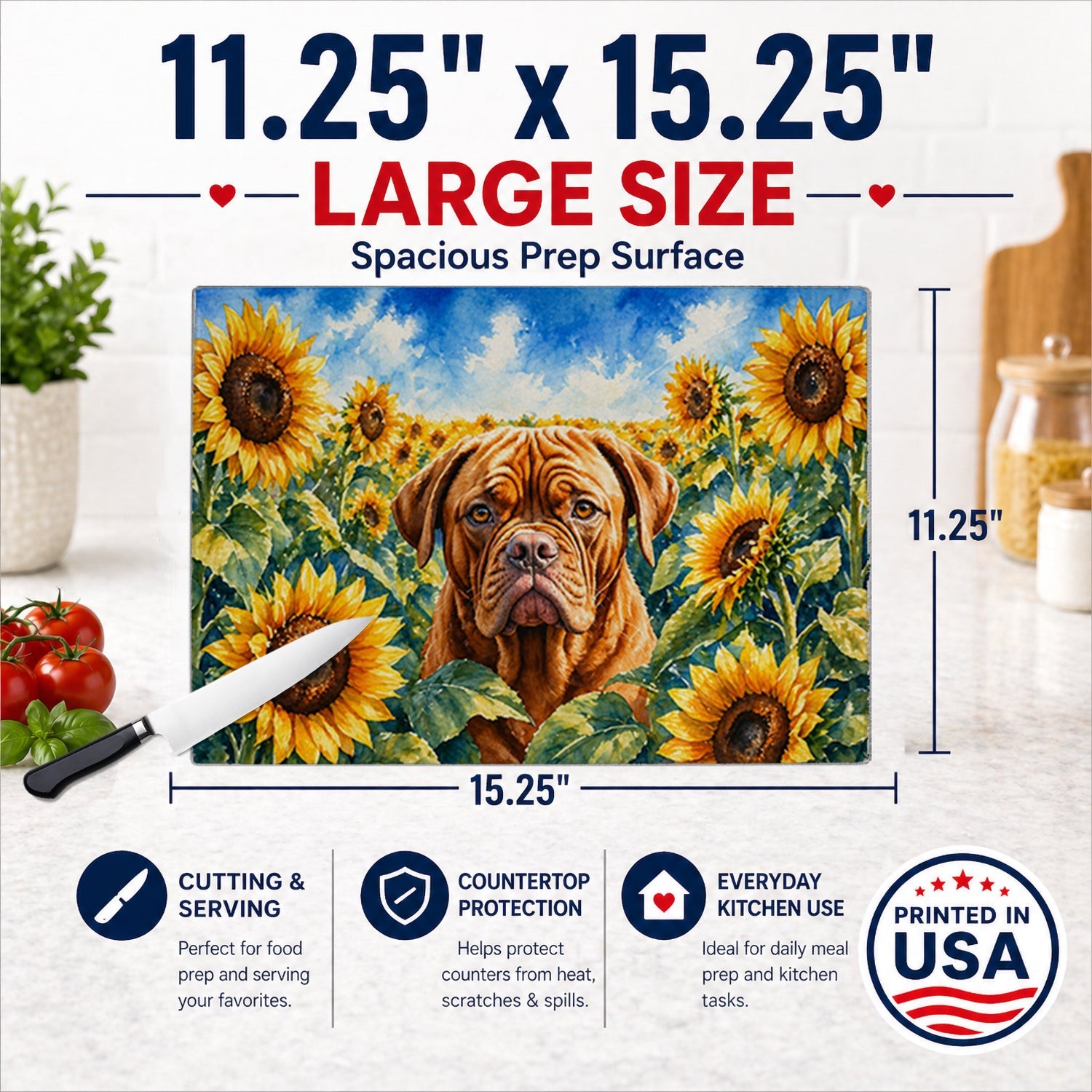 Dogue de Bordeaux in Sunflowers Cutting Board Tempered Glass Kitchen Cutting Surface, Heat Resistant Chopping Board with Non-Slip Feet, Decorative Food Prep & Serving