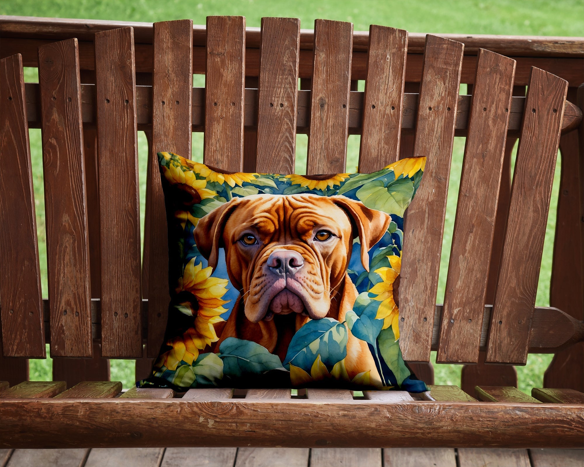Dogue de Bordeaux in Sunflowers Decorative Throw Pillow 14x14 Indoor Outdoor Accent Cushion, Fabric Cover with Insert for Sofa, Bed, Porch & Living Room