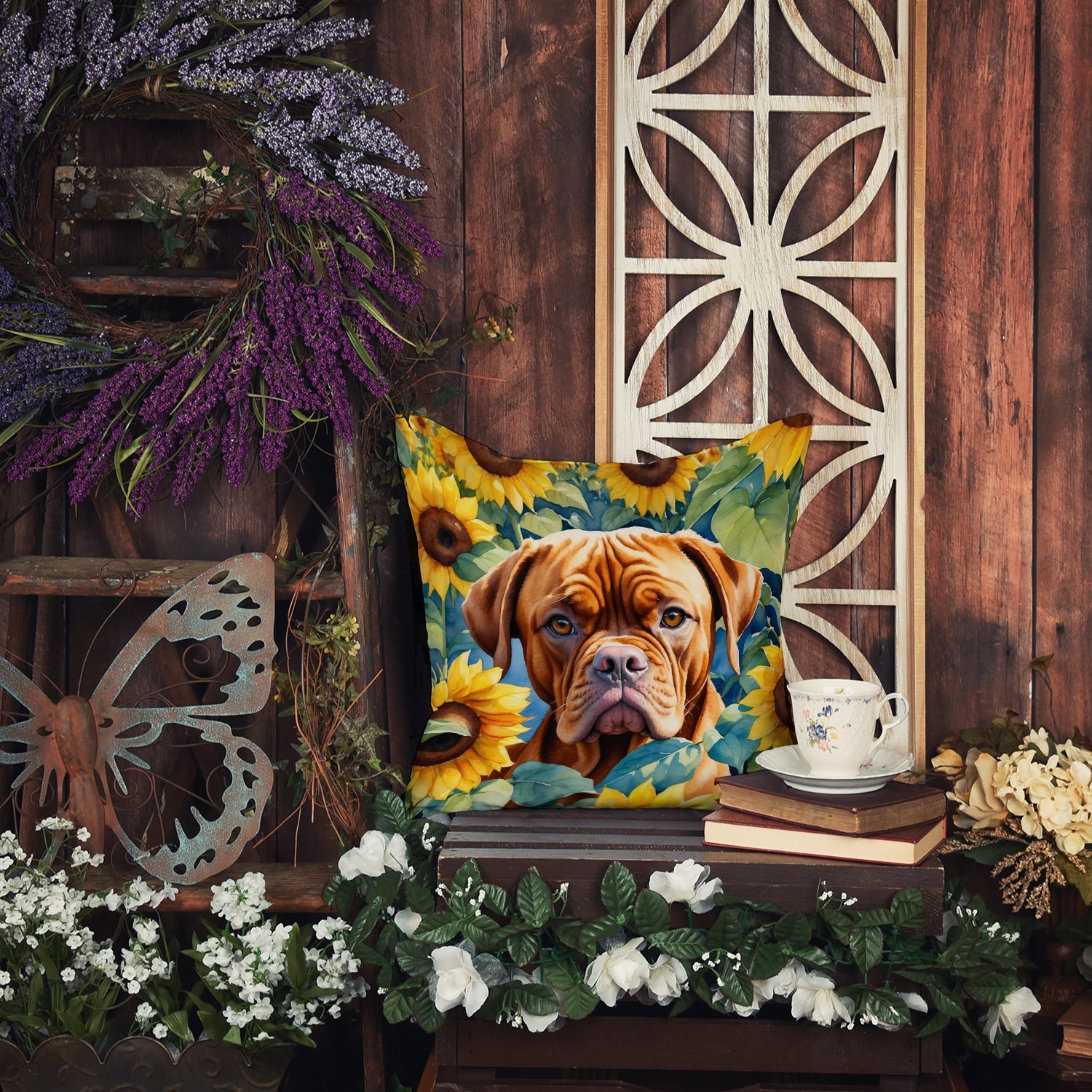 Dogue de Bordeaux in Sunflowers Decorative Throw Pillow 14x14 Indoor Outdoor Accent Cushion, Fabric Cover with Insert for Sofa, Bed, Porch & Living Room