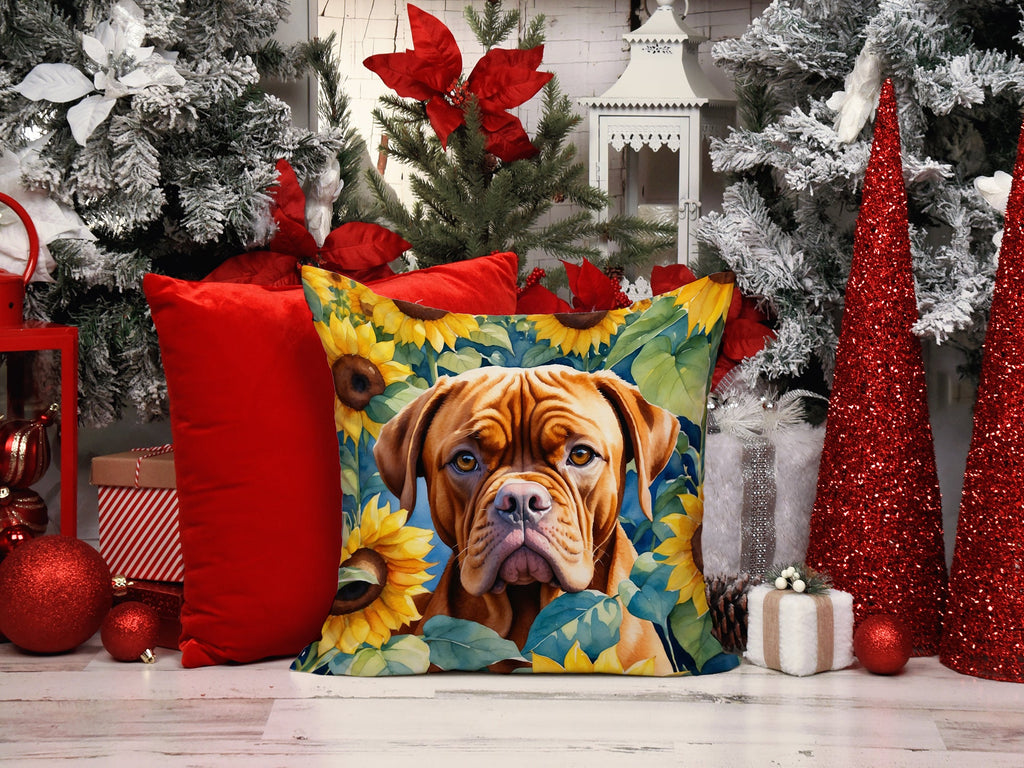 Dogue de Bordeaux in Sunflowers Decorative Throw Pillow 14x14 Indoor Outdoor Accent Cushion, Fabric Cover with Insert for Sofa, Bed, Porch & Living Room