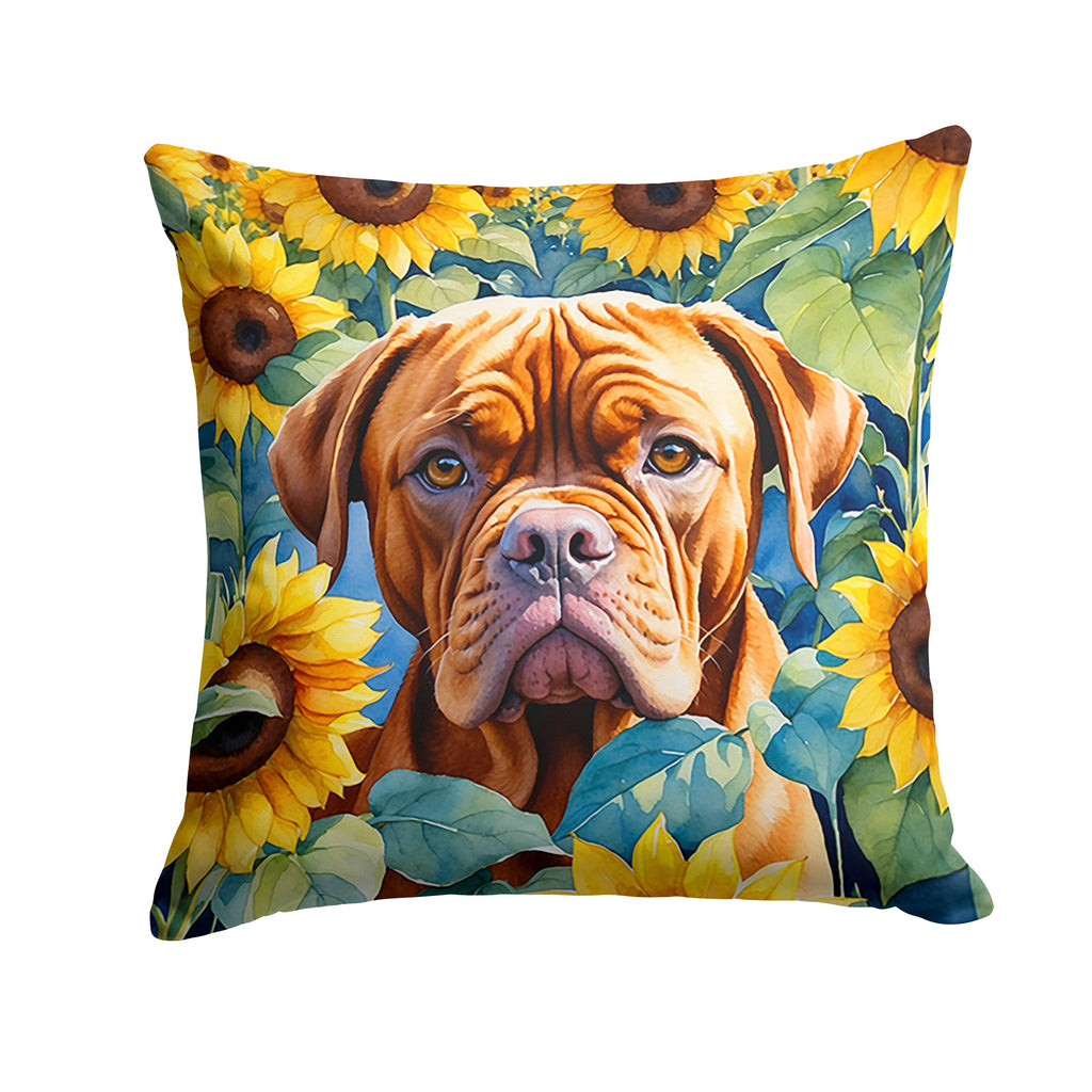 Dogue de Bordeaux in Sunflowers Decorative Throw Pillow 18x18 Indoor Outdoor Accent Cushion, Fabric Cover with Insert for Sofa, Bed, Porch & Living Room