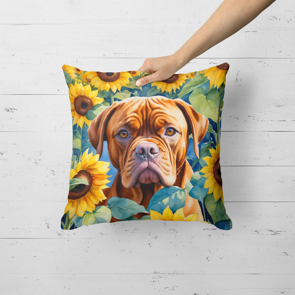 Dogue de Bordeaux in Sunflowers Decorative Throw Pillow 18x18 Indoor Outdoor Accent Cushion, Fabric Cover with Insert for Sofa, Bed, Porch & Living Room