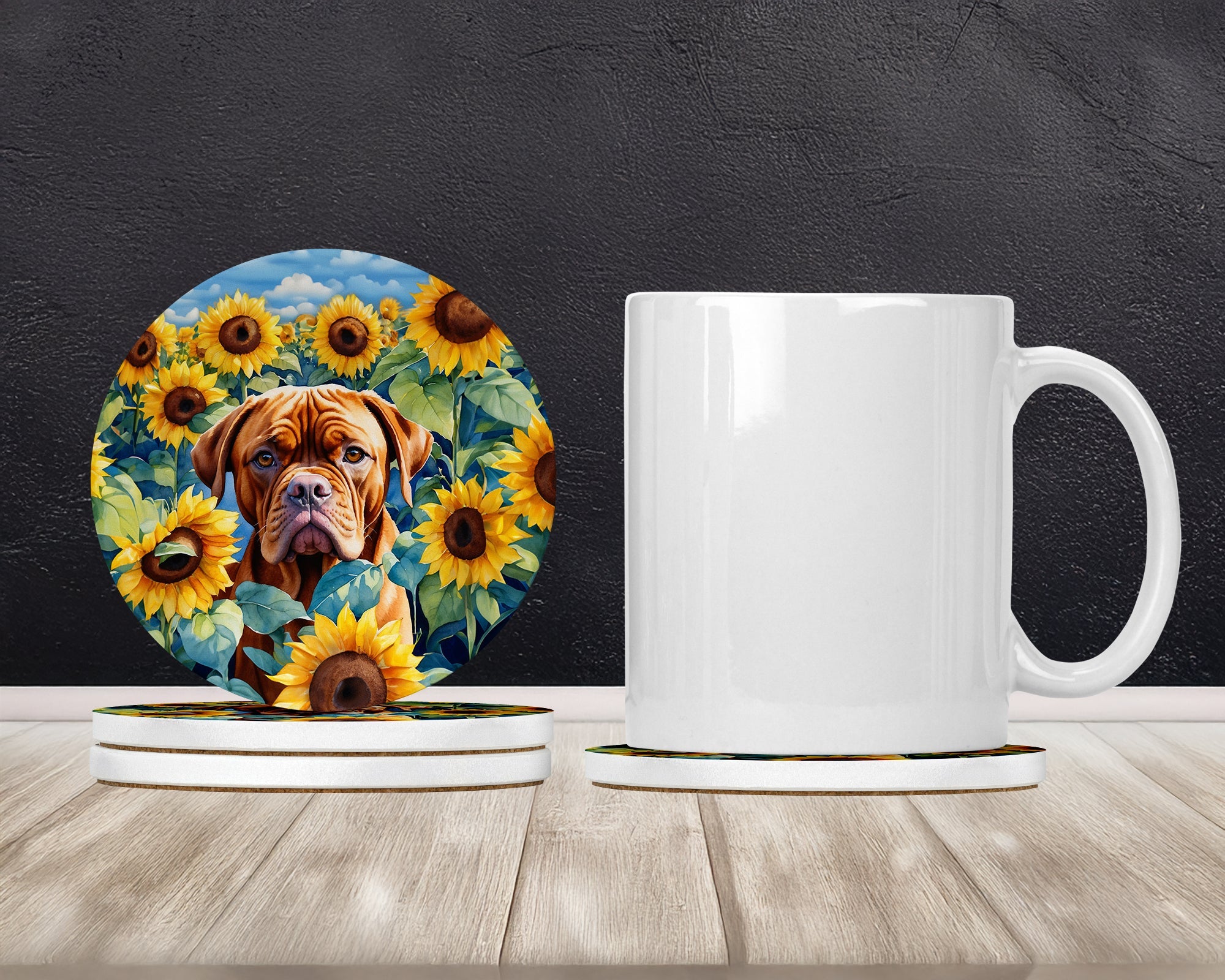 Dogue de Bordeaux in Sunflowers Large Sandstone Coasters Pack of 4 Absorbent Round Coasters Decor Gifts for Men or Women, 4 in, Multicolor