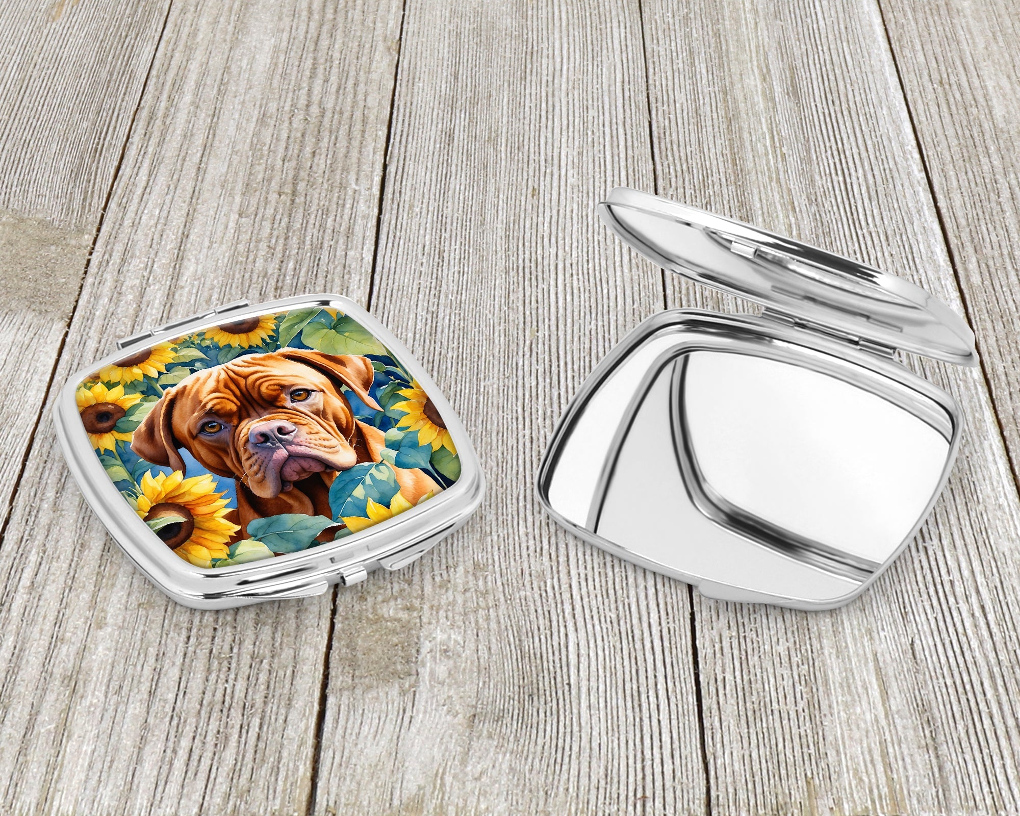 Dogue de Bordeaux in Sunflowers Compact Mirror Decorative Travel Makeup Mirror for Women Girls Gifts Pocket Makeup Mirror Folding Handheld