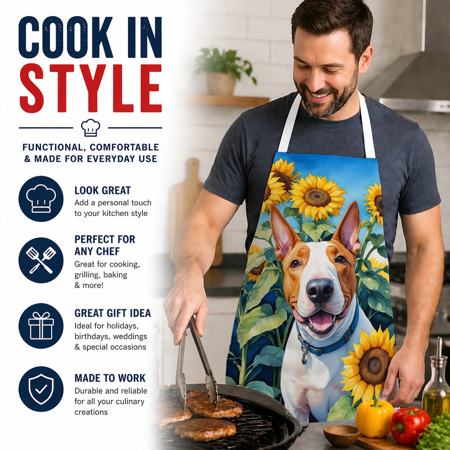 English Bull Terrier in Sunflowers Apron Cooking Kitchen Server Baking Crafts Gardening for Adult Women Men, Unisex, Large, Multicolor
