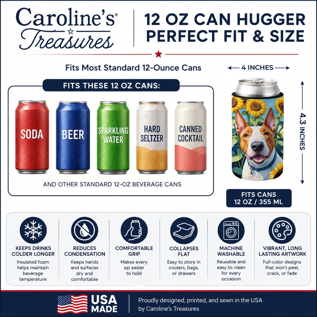English Bull Terrier in Sunflowers Can or Bottle Hugger Cooler Sleeve for Standard 12 oz Cans, Insulated Foam Beer & Soda Can Hugger Reusable