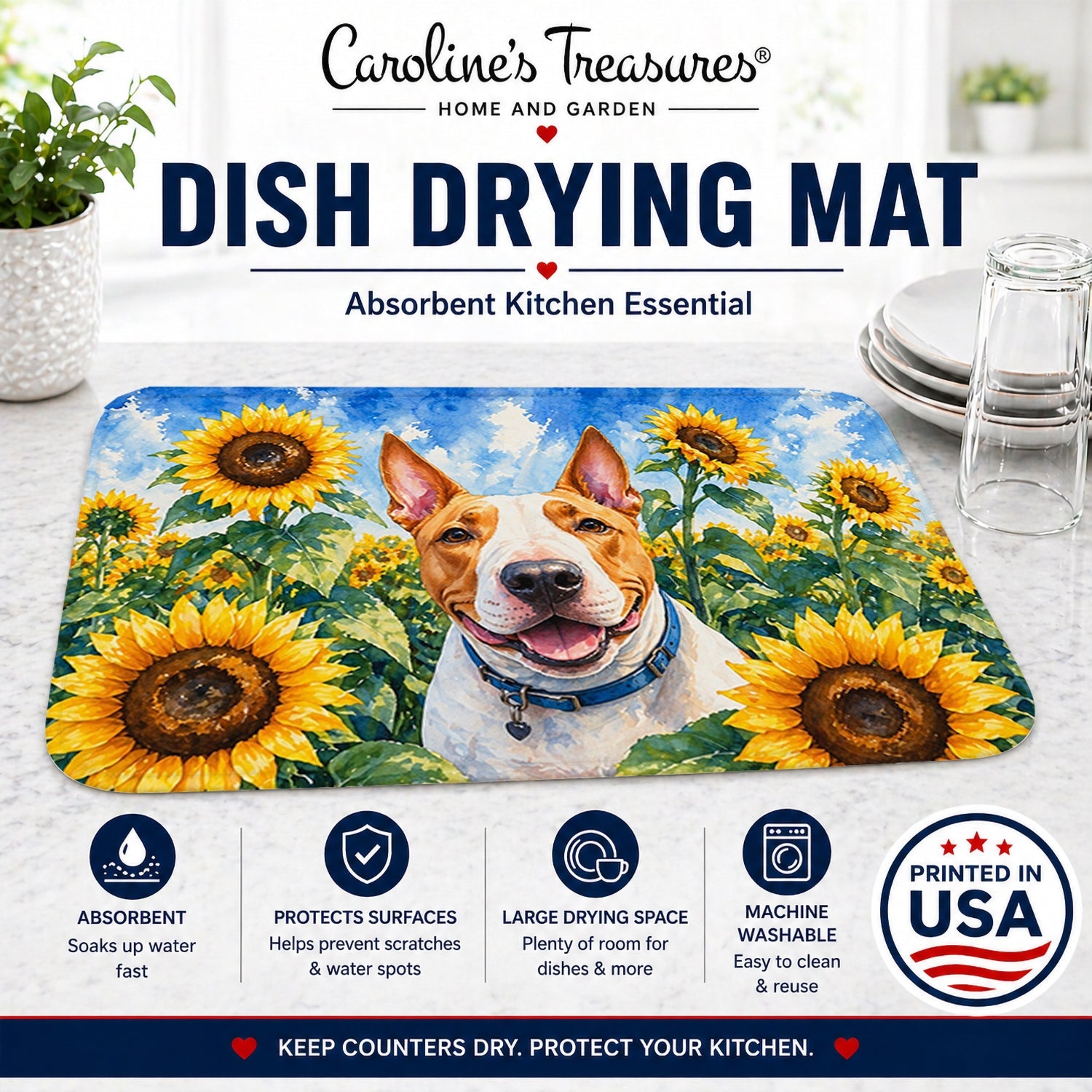 English Bull Terrier in Sunflowers Dish Drying Mat Absorbent Dish Drying Mat Pad for Kitchen Counter Dish Drainer Mat for Countertop, 14 x 21", Multicolor