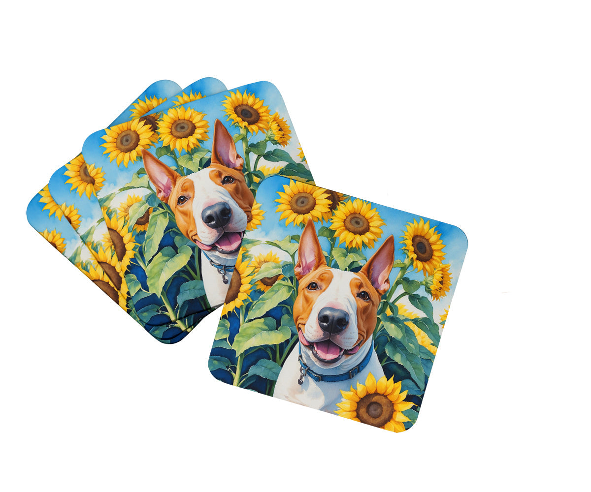 English Bull Terrier in Sunflowers Foam Coasters Set of 4 Cup Coasters for Indoor Outdoor, Tabletop Protection, Anti Slip, Mouse pad Material