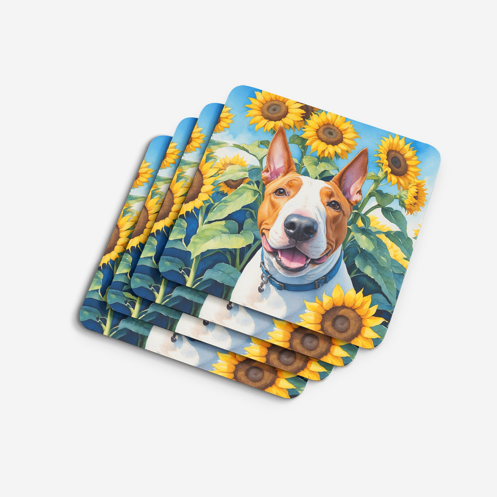 English Bull Terrier in Sunflowers Foam Coasters Set of 4 Cup Coasters for Indoor Outdoor, Tabletop Protection, Anti Slip, Mouse pad Material