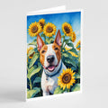 English Bull Terrier in Sunflowers Greeting Cards Pack of 8 Blank Cards with Envelopes Whimsical A7 Size 5x7