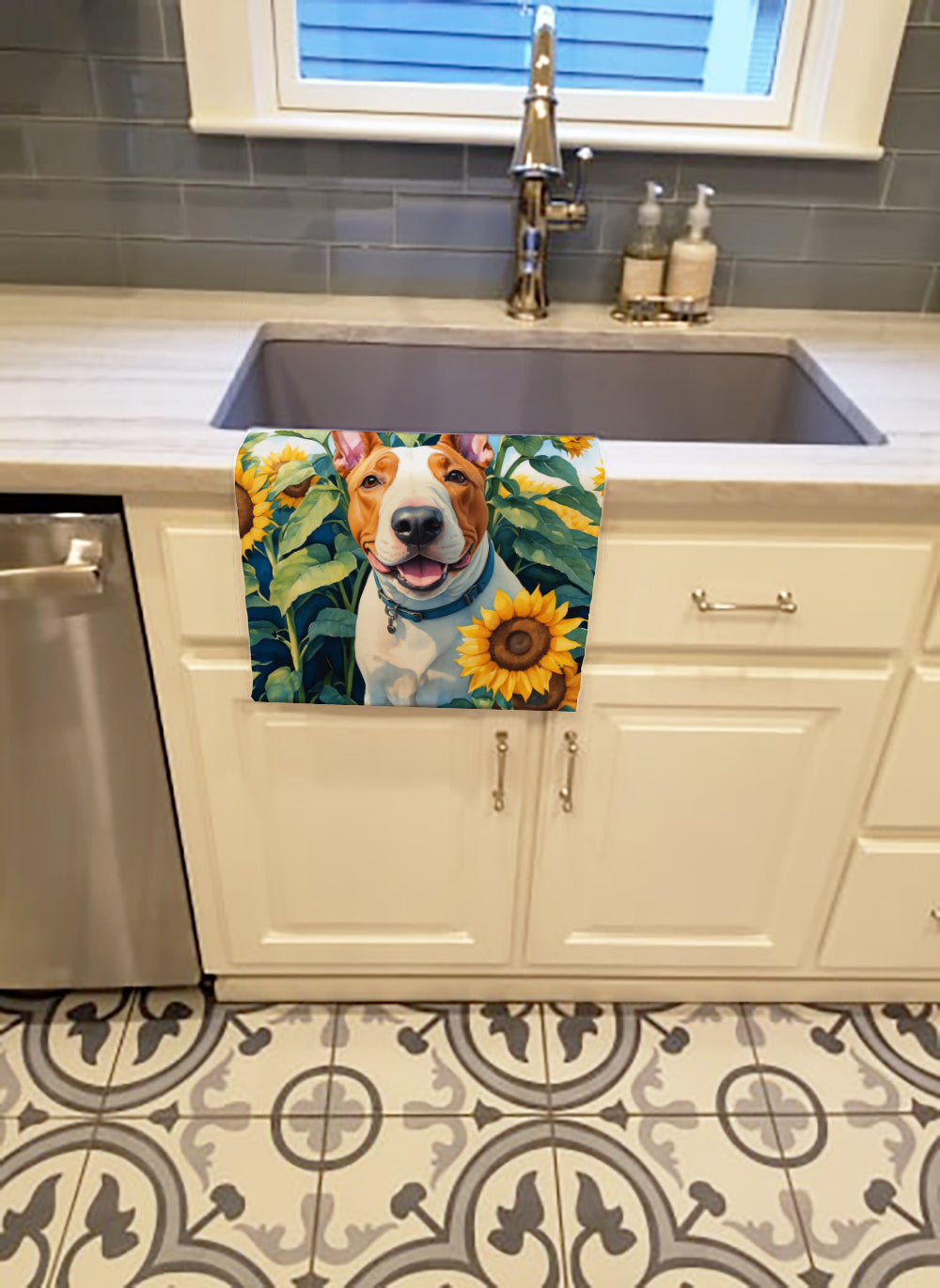 English Bull Terrier in Sunflowers Kitchen Towel Velour Plush Front and Cotton Loop Back Machine Washable