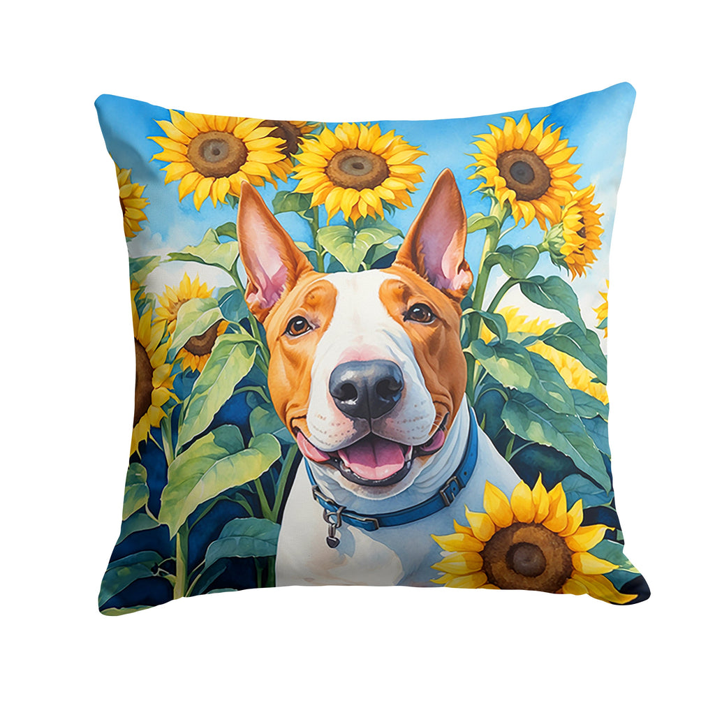 English Bull Terrier in Sunflowers Decorative Throw Pillow 14x14 Indoor Outdoor Accent Cushion, Fabric Cover with Insert for Sofa, Bed, Porch & Living Room