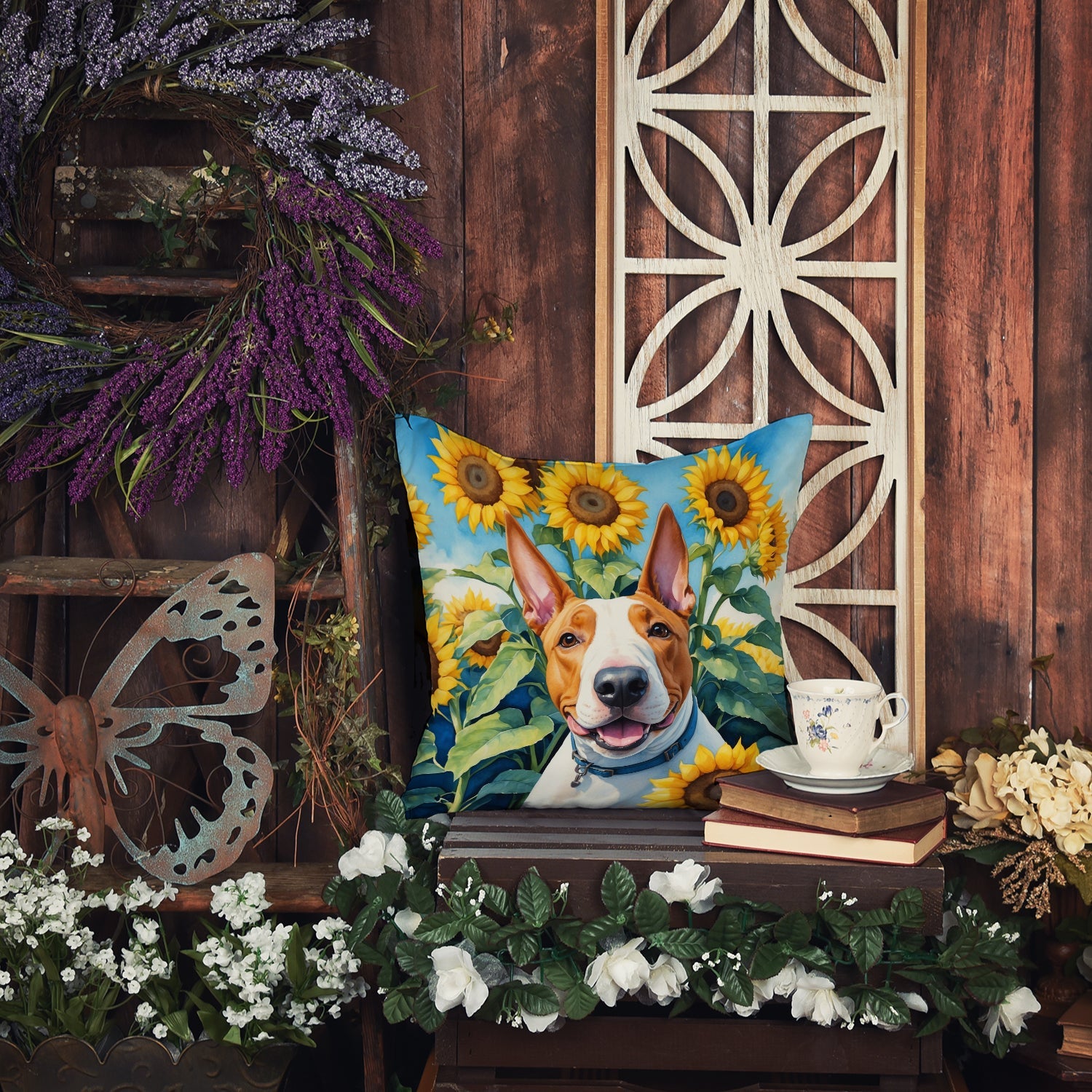 English Bull Terrier in Sunflowers Decorative Throw Pillow 18x18 Indoor Outdoor Accent Cushion, Fabric Cover with Insert for Sofa, Bed, Porch & Living Room