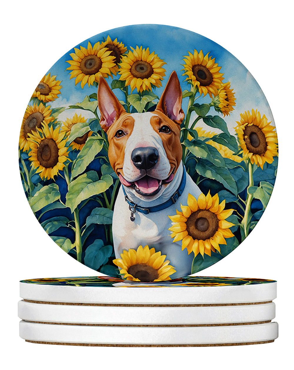 English Bull Terrier in Sunflowers Large Sandstone Coasters Pack of 4 Absorbent Round Coasters Decor Gifts for Men or Women, 4 in, Multicolor