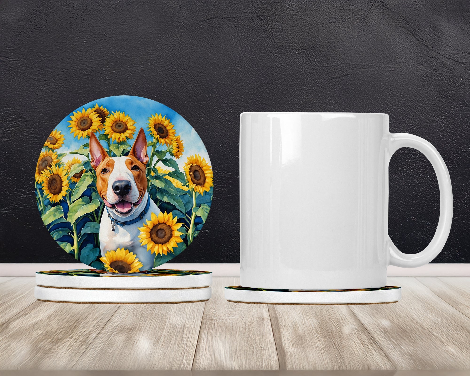 English Bull Terrier in Sunflowers Large Sandstone Coasters Pack of 4 Absorbent Round Coasters Decor Gifts for Men or Women, 4 in, Multicolor