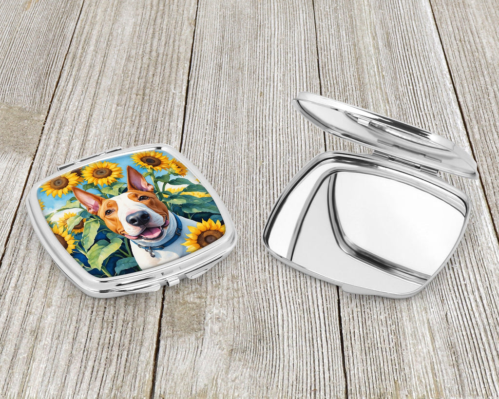 English Bull Terrier in Sunflowers Compact Mirror Decorative Travel Makeup Mirror for Women Girls Gifts Pocket Makeup Mirror Folding Handheld
