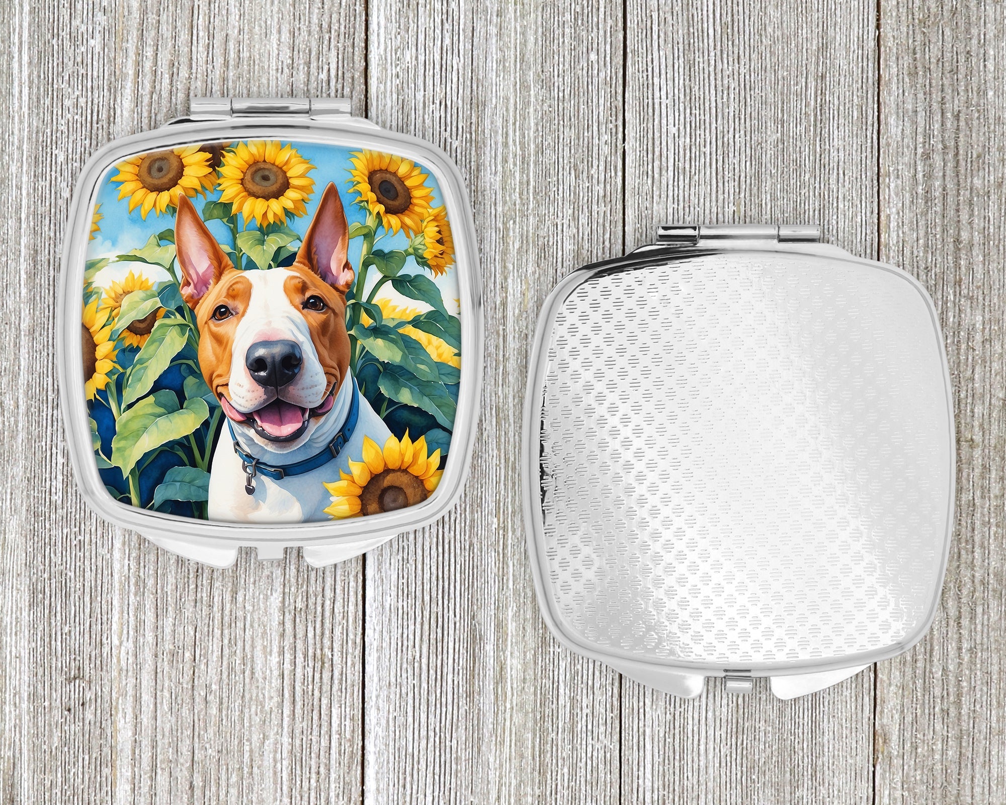 English Bull Terrier in Sunflowers Compact Mirror Decorative Travel Makeup Mirror for Women Girls Gifts Pocket Makeup Mirror Folding Handheld