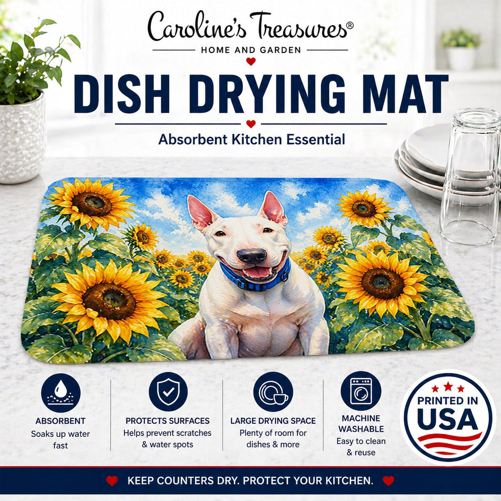 English Bull Terrier in Sunflowers Dish Drying Mat Absorbent Dish Drying Mat Pad for Kitchen Counter Dish Drainer Mat for Countertop, 14 x 21", Multicolor